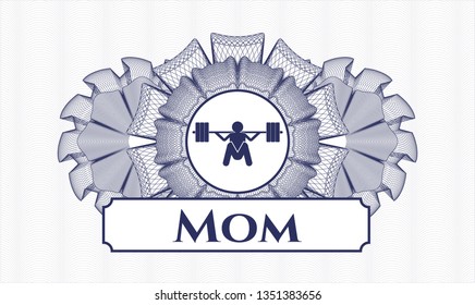 Blue passport rosette with deep squat icon and Mom text inside