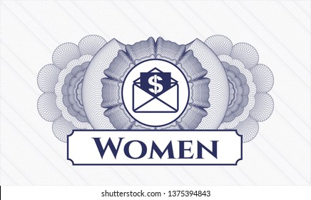 Blue passport rosette with envelope with paper with money symbol inside icon and Women text inside