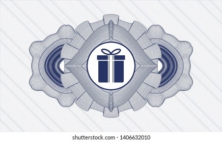 Blue passport rosette with gift box icon inside