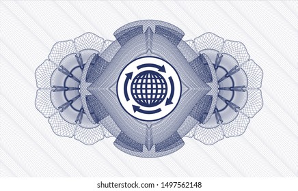 Blue passport rosette with globalization icon inside
