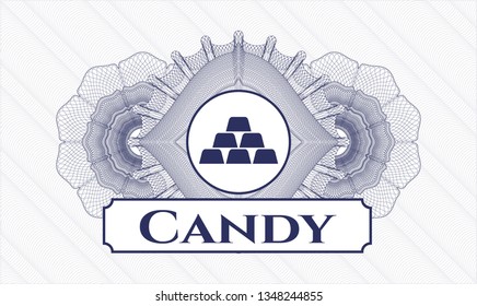 Blue passport rosette with gold bullion icon and Candy text inside