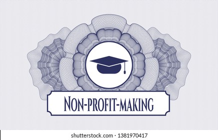 Blue passport rosette with graduation cap icon and Non-profit-making text inside