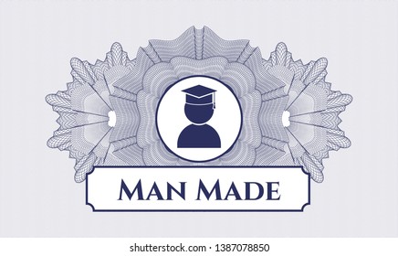 Blue passport rosette with graduation icon and Man Made text inside