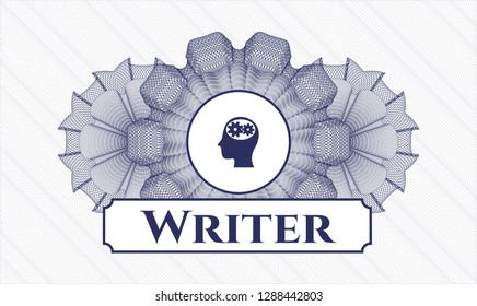 Blue passport rosette with head with gears inside icon and Writer text inside