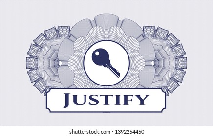 Blue passport rosette with key icon and Justify text inside