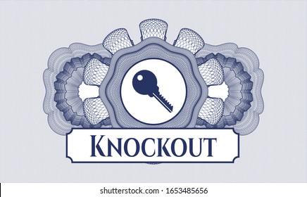 Blue passport rosette with key icon and Knockout text inside