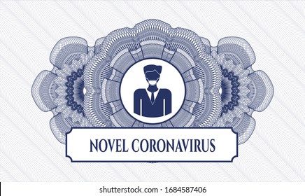 Blue passport rosette with man wearing face mask icon and Novel Coronavirus text inside