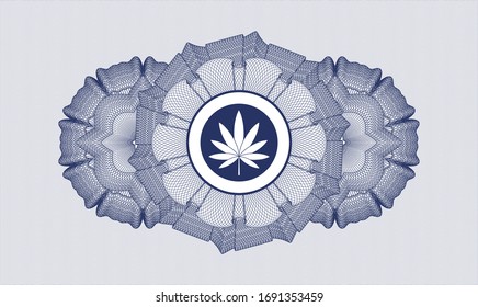 Blue passport rosette with marijuana leaf icon inside