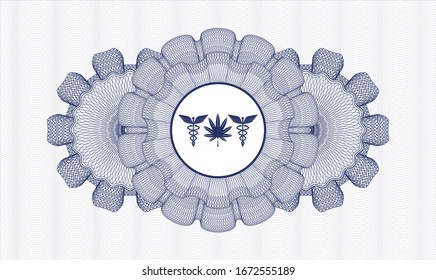 Blue passport rosette with medicinal weed icon inside