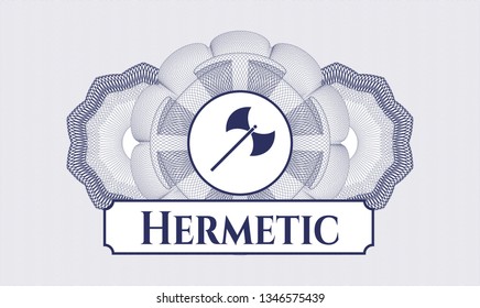 Blue passport rosette with medieval axe icon and Hermetic text inside
