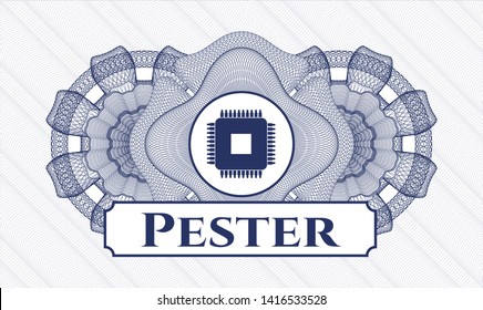 Blue passport rosette with microchip, microprocessor icon and Pester text inside