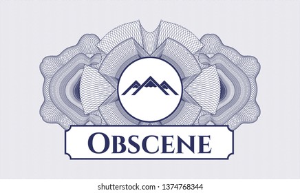 Blue passport rosette with mountain icon and Obscene text inside