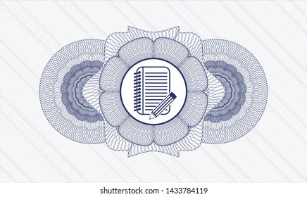 Blue passport rosette with notebook with pencil icon inside