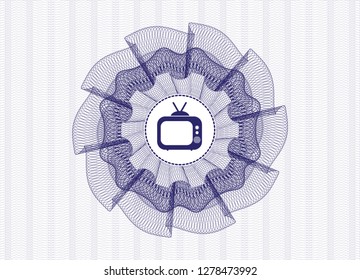 Blue passport rosette with old tv, television icon inside