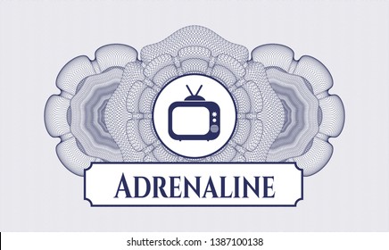 Blue passport rosette with old tv, television icon and Adrenaline text inside