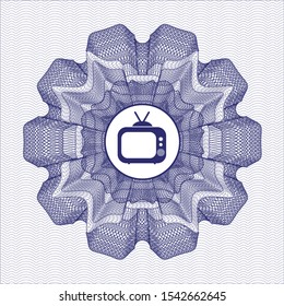 Blue passport rosette with old tv, television icon inside