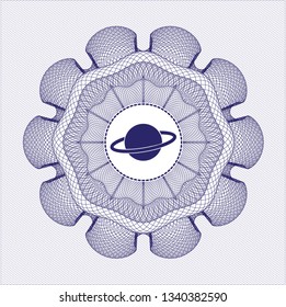 Blue passport rosette with planet, saturn icon inside