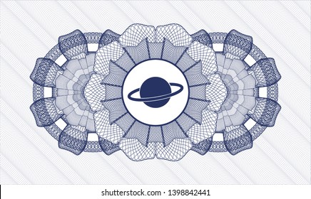 Blue passport rosette with planet, saturn icon inside