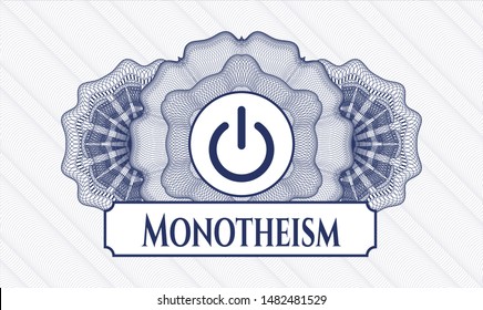 Blue passport rosette with power icon and Monotheism text inside