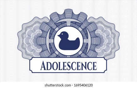 Blue passport rosette with rubber duck icon and Adolescence text inside