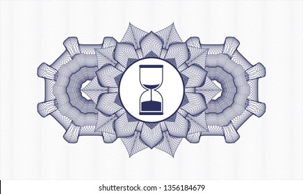 Blue passport rosette with sand clock icon inside