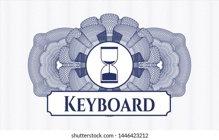 Blue passport rosette with sand clock icon and Keyboard text inside