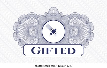Blue passport rosette with satelite icon and Gifted text inside