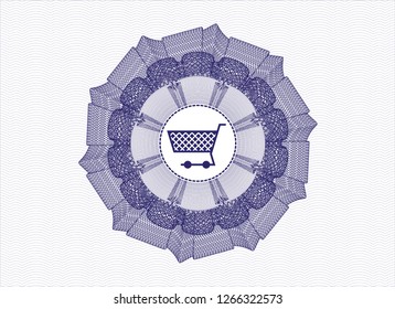 Blue passport rosette with shopping cart icon inside