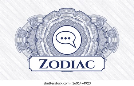 Blue passport rosette with speech bubble icon and Zodiac text inside