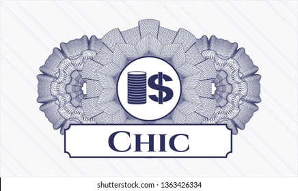 Blue passport rosette with stack of coins icon and Chic text inside