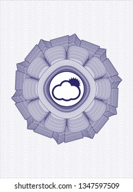 Blue passport rosette with sun behind cloud icon inside