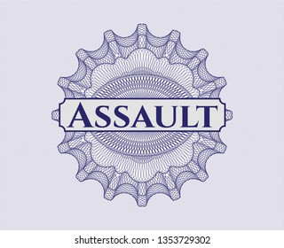 Blue passport rosette with text Assault inside