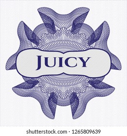 Blue passport rosette with text Juicy inside