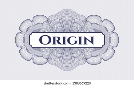 Blue passport rosette with text Origin inside