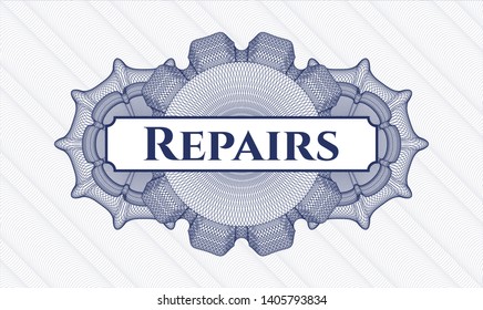 Blue passport rosette with text Repairs inside