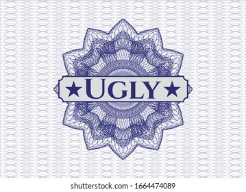 Blue passport rosette with text Ugly inside