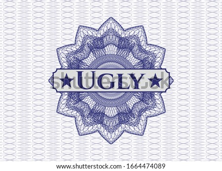 Blue passport rosette with text Ugly inside
