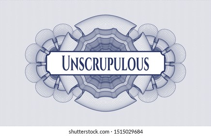 Blue passport rosette with text Unscrupulous inside