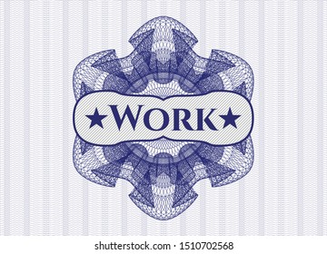 Blue passport rosette with text Work inside