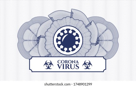 Blue passport rosette. Vector Illustration. Detailed with coronavirus icon and Coronavirus text inside