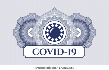 Blue passport rosette. Vector Illustration. Detailed with coronavirus icon and COVID-19 text inside