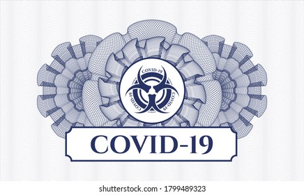 Blue passport rosette. Vector Illustration. Detailed with biohazard covid-19 icon and COVID-19 text inside