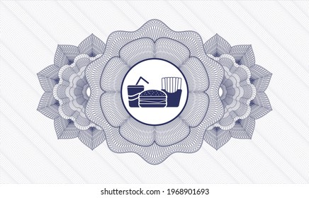 Blue passport rosette. Vector Illustration. Detailed with fast food icon inside