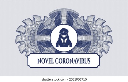 Blue passport rosette. Vector Illustration. Detailed with woman wearing face mask icon and Novel Coronavirus text inside