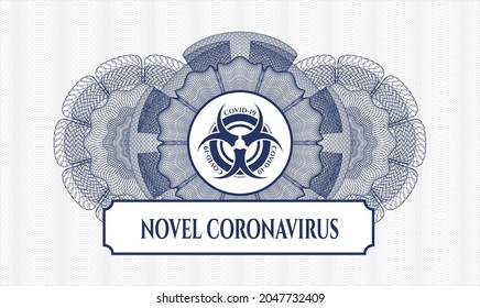 Blaue Passrosette. Vektorgrafik. Detaillierte Angaben mit dem Biogefährdungssymbol covid-19 und dem Text von Novel Coronavirus