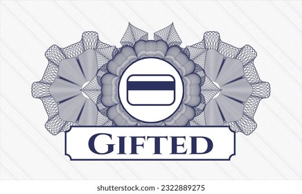 Blaue Passrosette. Vektorgrafik. Detaillierte Angaben mit dem Kreditkartensymbol und dem übergebenen Text