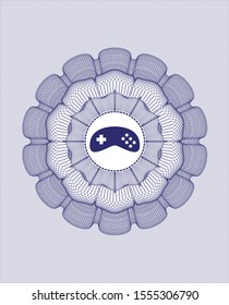 Blue passport rosette with video game icon inside