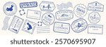 Blue passport stamps from cities like Tokyo, Sydney, and Paris. Travel-themed, with stamps from California, Rome, and more. Perfect for travel designs. Blue travel stamps, vector set.