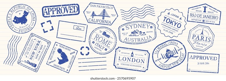 Blue passport stamps from cities like Tokyo, Sydney, and Paris. Travel-themed, with stamps from California, Rome, and more. Perfect for travel designs. Blue travel stamps, vector set.