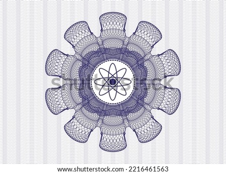 Blue passport style rosette. with atom icon inside